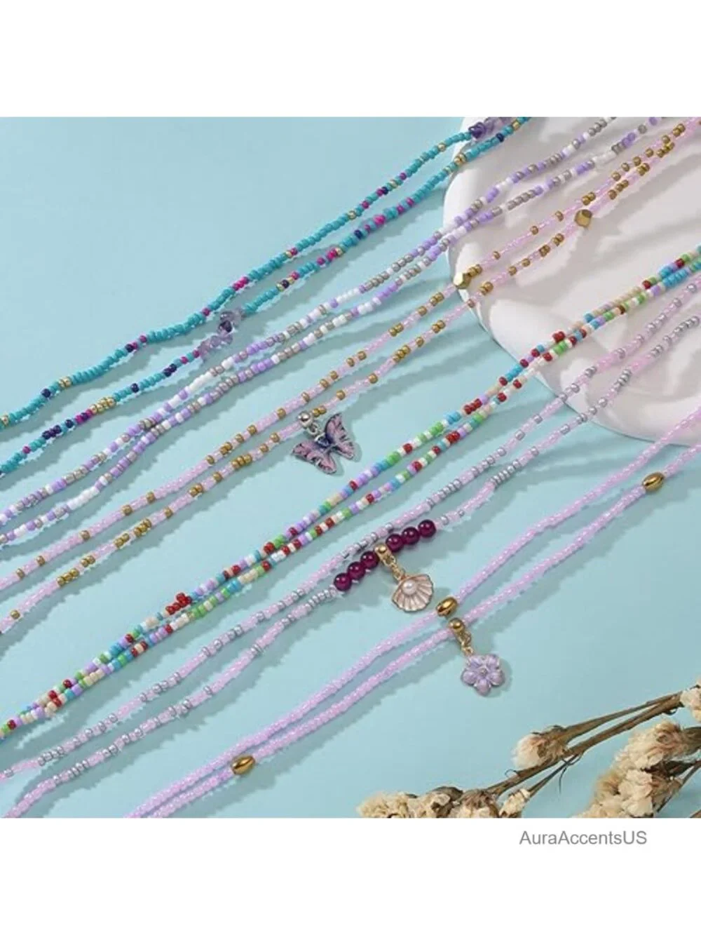 8Pcs 31.5in African Waist Bead Chain Elastic Belly Beads Shell Layered Body